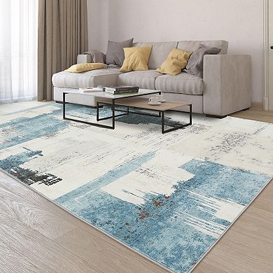 Pearl Velvet Washable Foldable Printed Carpet Abstract Blue Grey
