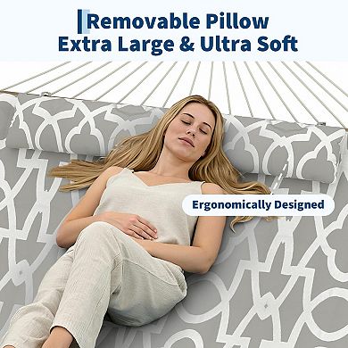 2 Person Outdoor Hammock w/Stand, Cotton Rope Hammock w/ Polyester Pad, Adjustable Steel Frame