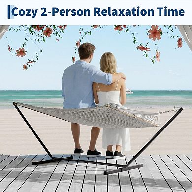 2 Person Outdoor Hammock w/Stand, Cotton Rope Hammock w/ Polyester Pad, Adjustable Steel Frame