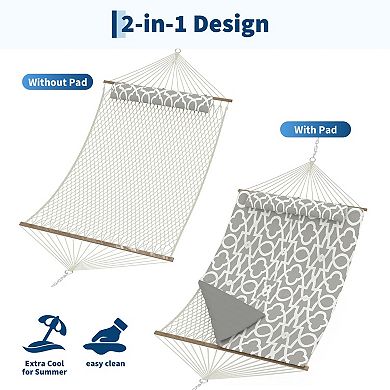 2 Person Outdoor Hammock w/Stand, Cotton Rope Hammock w/ Polyester Pad, Adjustable Steel Frame