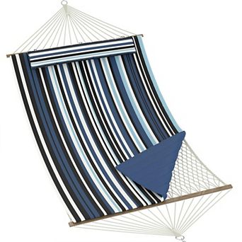 2 Person Outdoor Hammock w/Stand, Cotton Rope Hammock w/ Polyester Pad, Adjustable Steel Frame