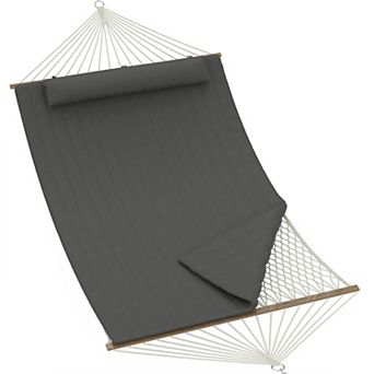 2 Person Outdoor Hammock w/Stand, Cotton Rope Hammock w/ Polyester Pad, Adjustable Steel Frame