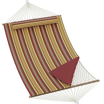 2 Person Outdoor Hammock w/Stand, Cotton Rope Hammock w/ Polyester Pad