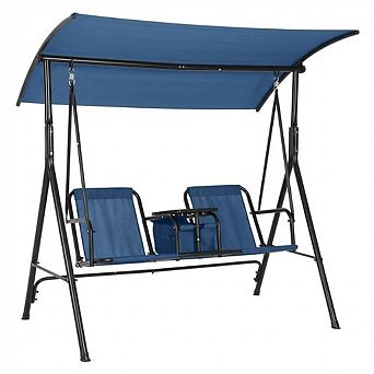 Porch Swing w/Cup Holders & Pivot Storage Table & Cooler Bag with Adjustable Canopy for 2 Person