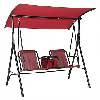 Porch Swing w/Cup Holders & Pivot Storage Table & Cooler Bag with Adjustable Canopy for 2 Person