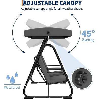 2 Person Outdoor Patio Swing Glider with Adjustable Canopy & Removable Cushions, Porch Swing Chairs