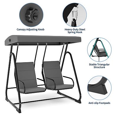 2 Person Outdoor Patio Swing Glider with Adjustable Canopy & Removable Cushions, Porch Swing Chairs