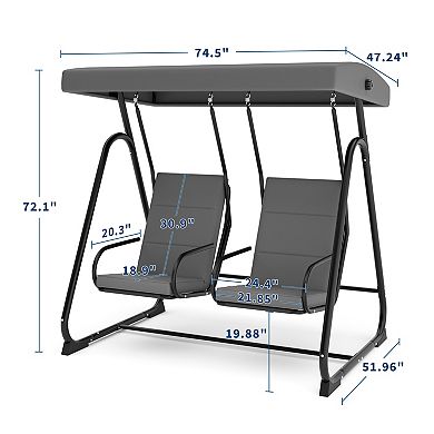 2 Person Outdoor Patio Swing Glider with Adjustable Canopy & Removable Cushions, Porch Swing Chairs