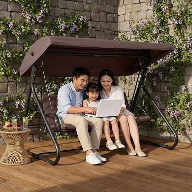 3-Seat Outdoor Convertible Swing Glider with Adjustable Canopy, Removable Cushion