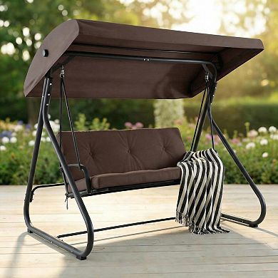 3-Seat Outdoor Convertible Swing Glider with Adjustable Canopy, Removable Cushion