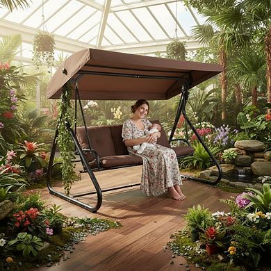 3-Seat Outdoor Convertible Swing Glider with Adjustable Canopy, Removable Cushion