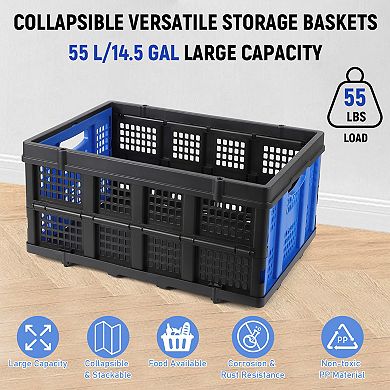 14.5 Gallon Collapsible Plastic Crate, Foldable Storage Basket, Stackable Utility Crate with Handle