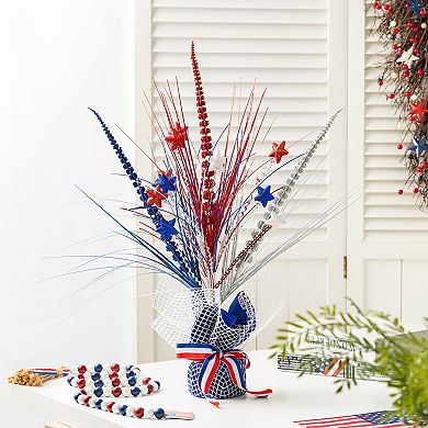 Glitzhome 21"H Patriotic Stars and Heather Table Tree for Americana Independence Day