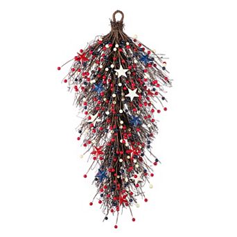 Glitzhome 28''H Patriotic Stars& Berry Teardrop, Patriotic Teardrop Wreath for Indoor&Outdoor