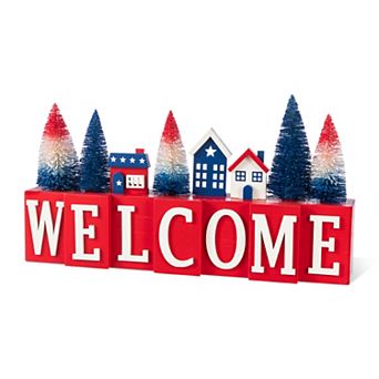 Glitzhome 14''L Patriotic/ Americana Wooden House/Brush Trees Table Décor