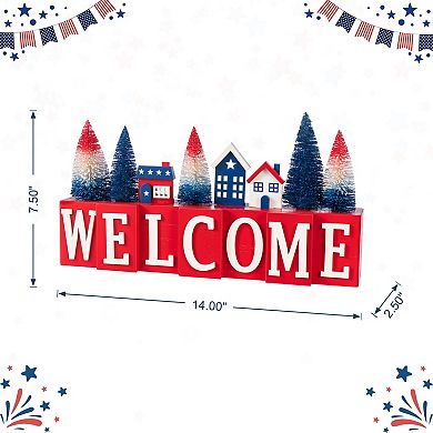 Glitzhome 14''L Patriotic/ Americana Wooden House/Brush Trees Table Décor