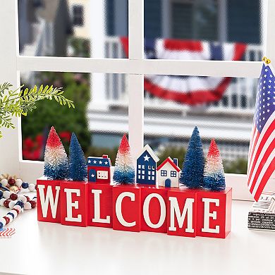 Glitzhome 14''L Patriotic/ Americana Wooden House/Brush Trees Table Décor