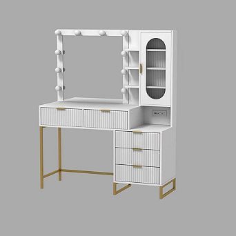Vanity Desk with Mirror and Table & Power Outlet, 12 Bulbs, 5 Drawer & Cabinet, 3 Lighting Colors