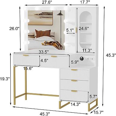 Vanity Desk with Mirror and Table & Power Outlet, 12 Bulbs, 5 Drawer & Cabinet, 3 Lighting Colors