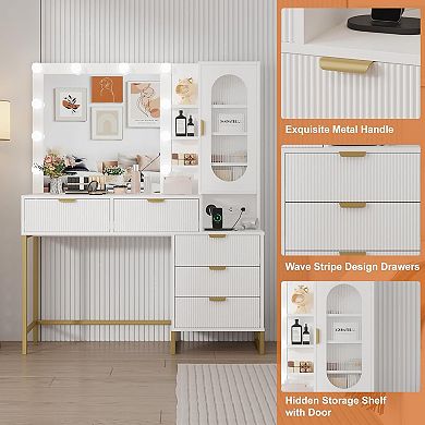 Vanity Desk with Mirror and Table & Power Outlet, 12 Bulbs, 5 Drawer & Cabinet, 3 Lighting Colors