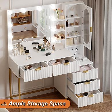 Vanity Desk with Mirror and Table & Power Outlet, 12 Bulbs, 5 Drawer & Cabinet, 3 Lighting Colors