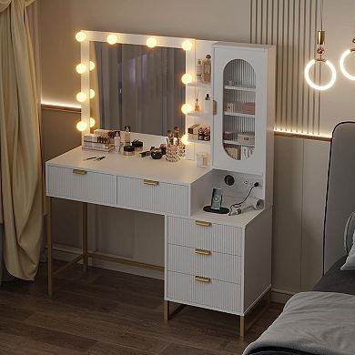Vanity Desk with Mirror and Table & Power Outlet, 12 Bulbs, 5 Drawer & Cabinet, 3 Lighting Colors