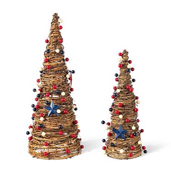 Glitzhome Set of 2 Patriotic/ Americana Rattan Stars& Berry Cone Table Tree
