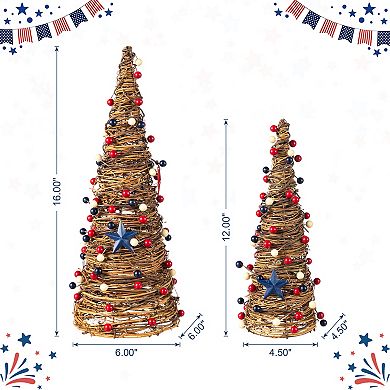 Glitzhome Set of 2 Patriotic/ Americana Rattan Stars& Berry Cone Table Tree