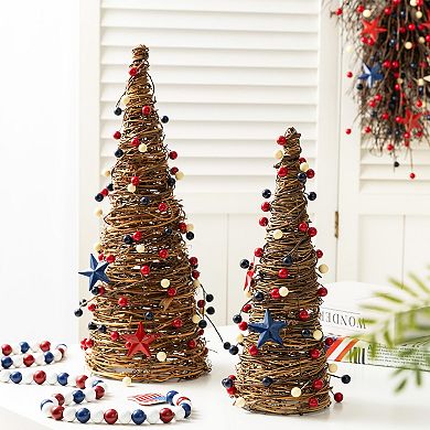 Glitzhome Set of 2 Patriotic/ Americana Rattan Stars& Berry Cone Table Tree