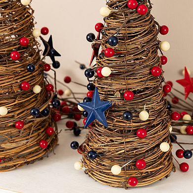 Glitzhome Set of 2 Patriotic/ Americana Rattan Stars& Berry Cone Table Tree