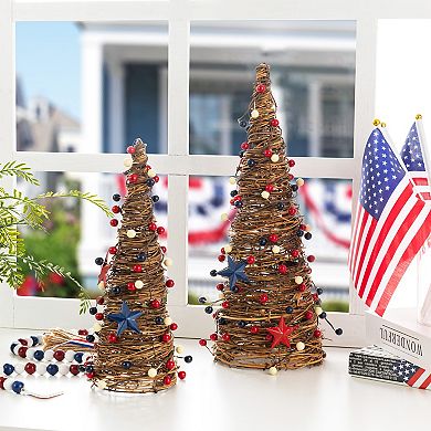 Glitzhome Set of 2 Patriotic/ Americana Rattan Stars& Berry Cone Table Tree