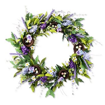 Glitzhome 24"D Spring Wreath Decor - Lavender & Bird Nest Wreath for Mantle, Window, Fireplace