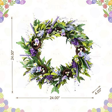 Glitzhome 24"D Spring Wreath Decor - Lavender & Bird Nest Wreath for Mantle, Window, Fireplace