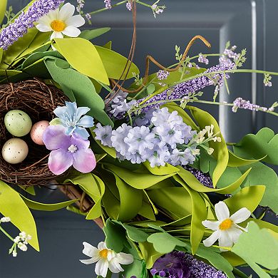 Glitzhome 24"D Spring Wreath Decor - Lavender & Bird Nest Wreath for Mantle, Window, Fireplace