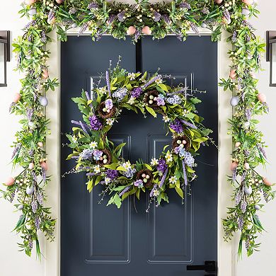Glitzhome 24"D Spring Wreath Decor - Lavender & Bird Nest Wreath for Mantle, Window, Fireplace