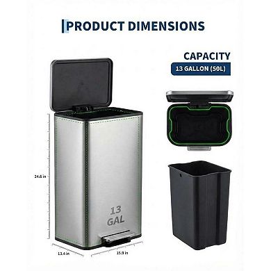 13 Gallon Stainless Steel Step-on Trash Can with Soft-Close Lid & Removable Inner Bucket