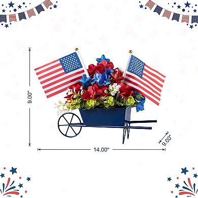 Glitzhome 14"L Patriotic/ Americana Hydrangea Metal Wagon Centerpiece