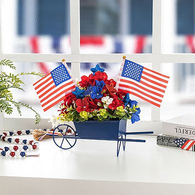 Glitzhome 14"L Patriotic/ Americana Hydrangea Metal Wagon Centerpiece