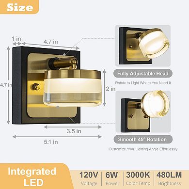 W5" 1-Light Modern Square Black and Brass Integrated LED Wall Sconce with White Acrylic Shade Contem