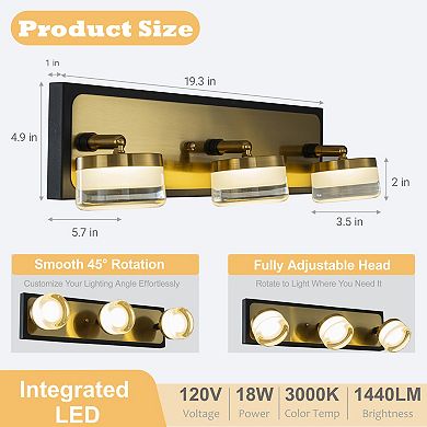 W19" 3-Light Modern Integrated LED Bathroom Vanity Light in Black and Brass Finish