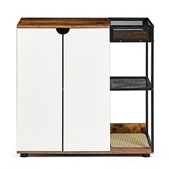 Double Cat Litter Box Cabinet with Rattan Doors, Hidden Furniture, Rustic Brown, 47" Long