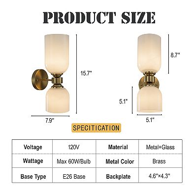Vintage Brass 2-Light Wall Sconce with Milky Glass Shades Dimmable Vanity For Bathroom Or Hallway
