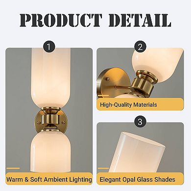 Vintage Brass 2-Light Wall Sconce with Milky Glass Shades Dimmable Vanity For Bathroom Or Hallway
