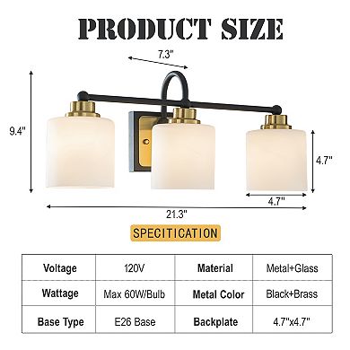 W21'' 3-Light Modern Elegant Brass And Black Bathrooom Vanity Light With Milk White Glass Shades
