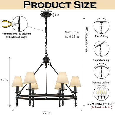 Vintage Black Chandelier 6-Light Classic Pendant Fixture Elegant Interior Lighting With White Shades