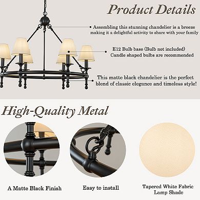 Vintage Black Chandelier 6-Light Classic Pendant Fixture Elegant Interior Lighting With White Shades