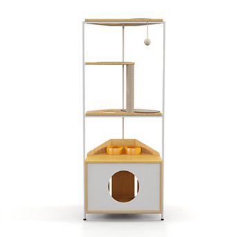 Corner Cat Tower with Scratching Post Cat Condo with Feeding Station and Climbing Platforms