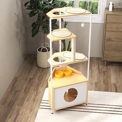 Corner Cat Tower with Scratching Post Cat Condo with Feeding Station and Climbing Platforms