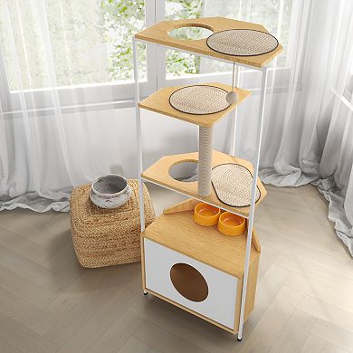 Corner Cat Tower with Scratching Post Cat Condo with Feeding Station and Climbing Platforms