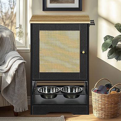 Pet Feeding Station with Storage Cabinet Includes 2 Raised Dog Bowls Side Hooks and Anti Tip Kit